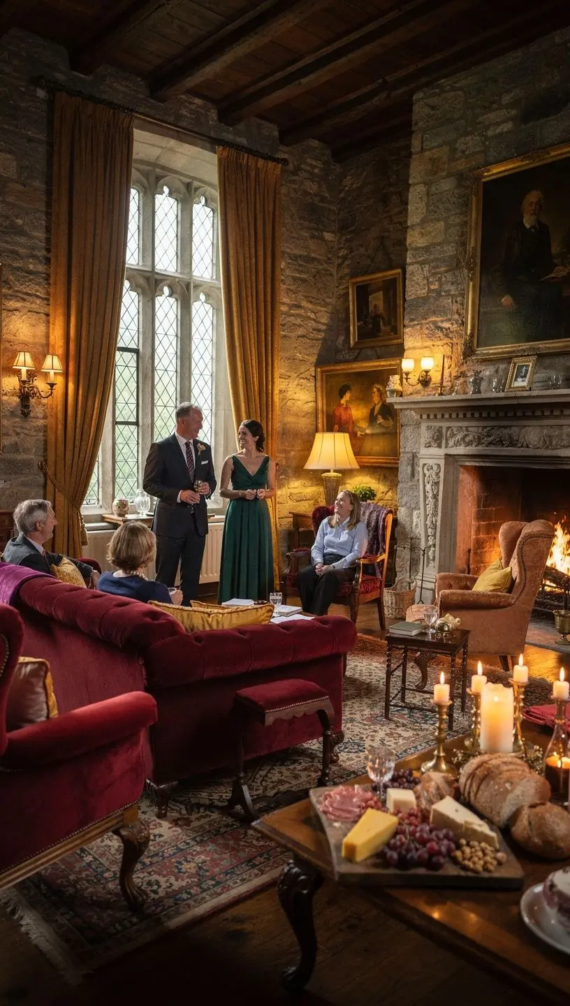 A beautifully arranged cozy living room featuring a plush sofa with decorative pillows and a warm throw blanket.