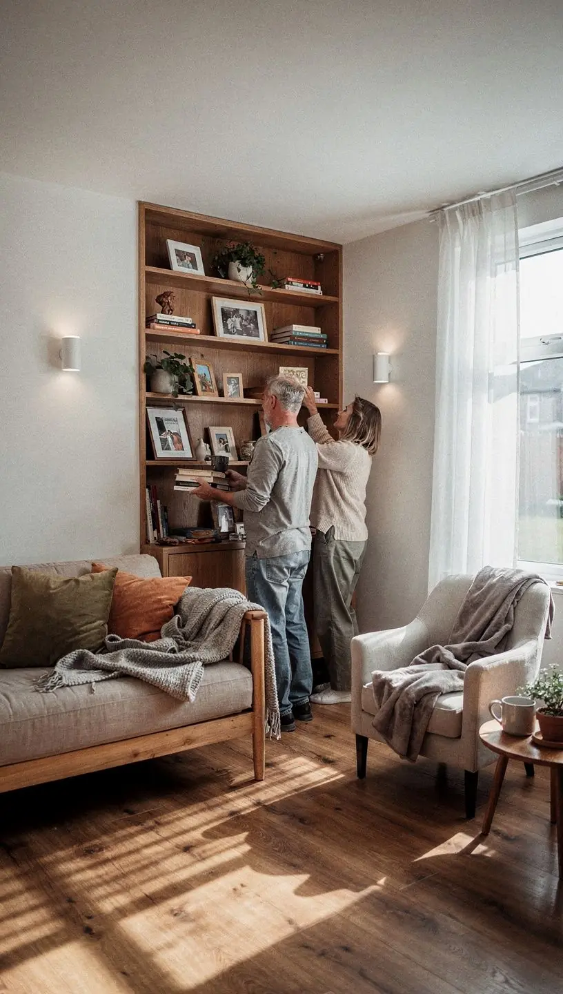 An inviting living room makeover showcasing layered lighting with stylish floor lamps and soft ambient ceiling lights.