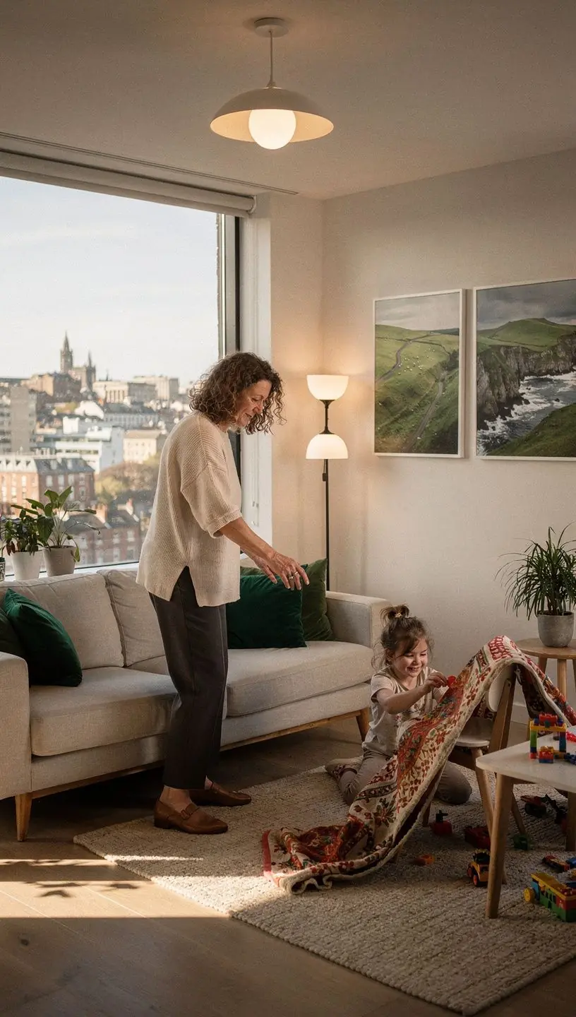 A serene corner of a living room with a reading nook, complete with a cozy armchair, bookshelf, and a table lamp casting a gentle glow.