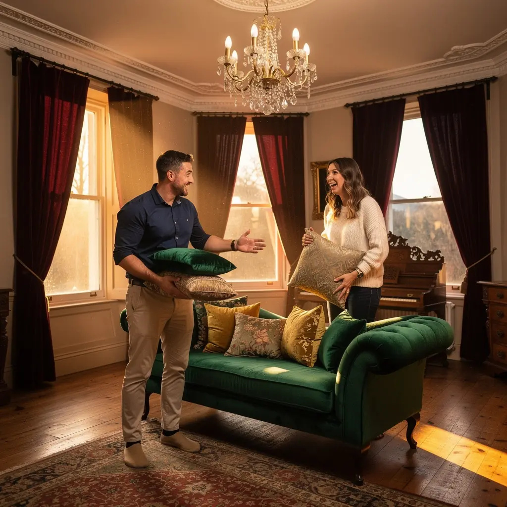A spacious living room showcasing eclectic furniture arrangements with a mix of textures and colors, enhancing the overall warmth of the space.